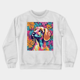 Dashing Dachshund, vibrant dog surrounded by flowers Crewneck Sweatshirt